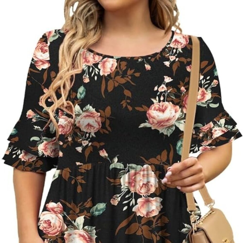 Women's Plus Size Short Ruffle Sleeve Dress Pleated Swing Dress w/POCKETS